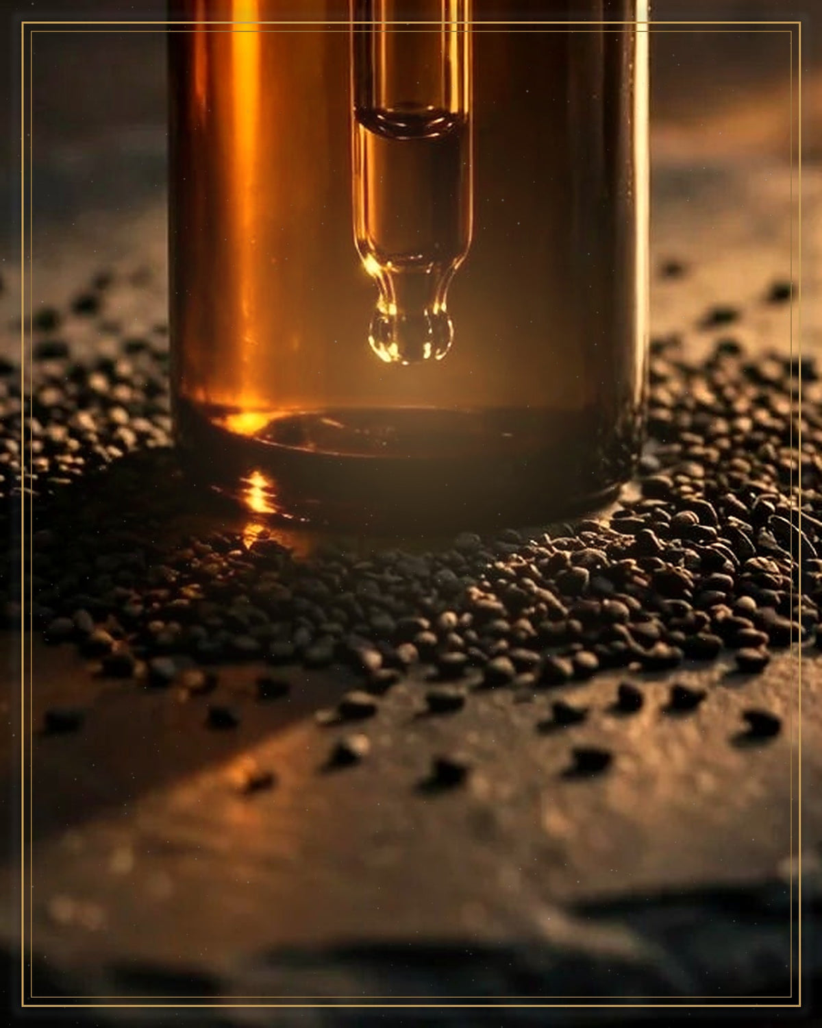 Black seeds around the oil bottle base — winter frame