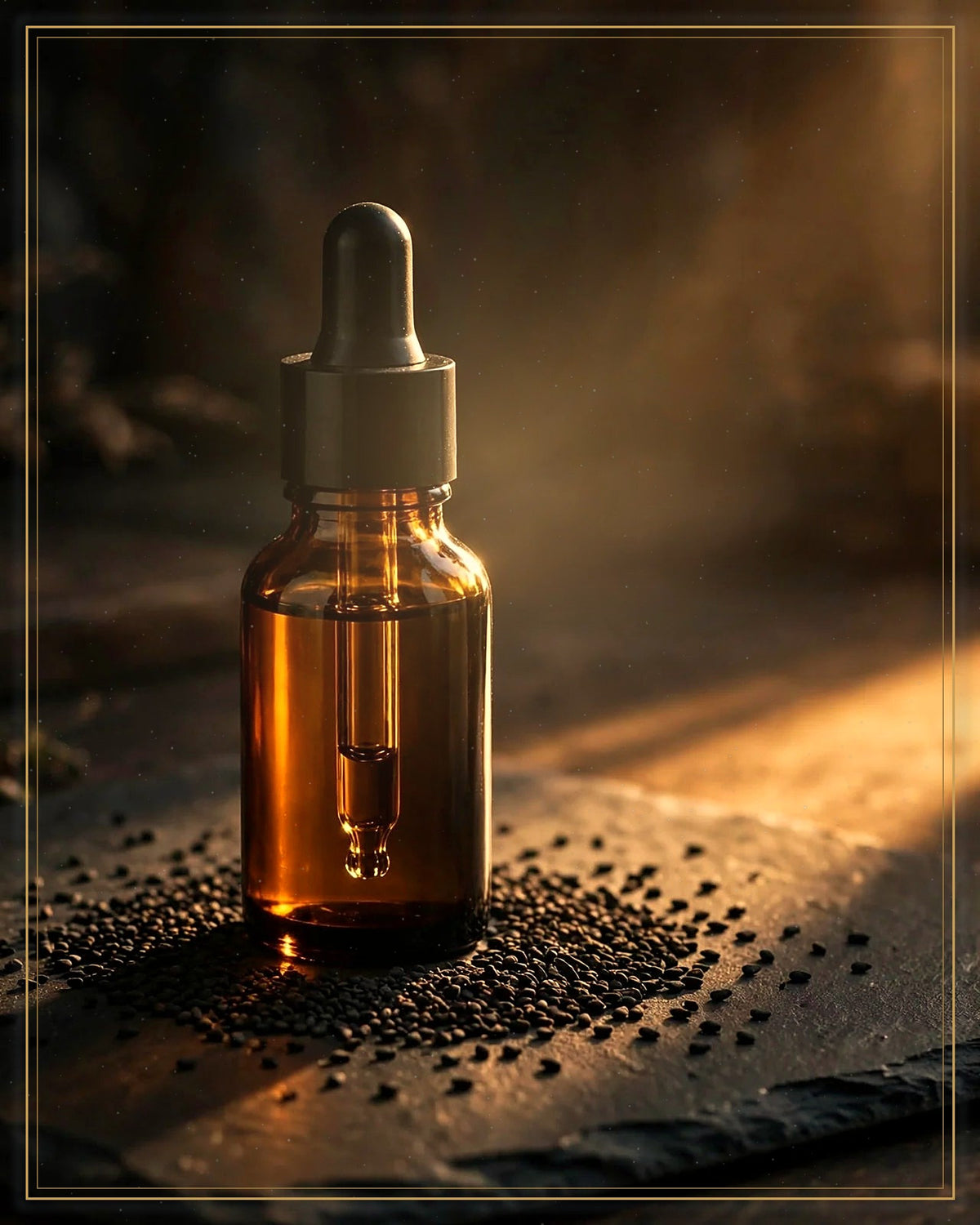Black Seed Oil bottle and black seeds on slate — winter frame