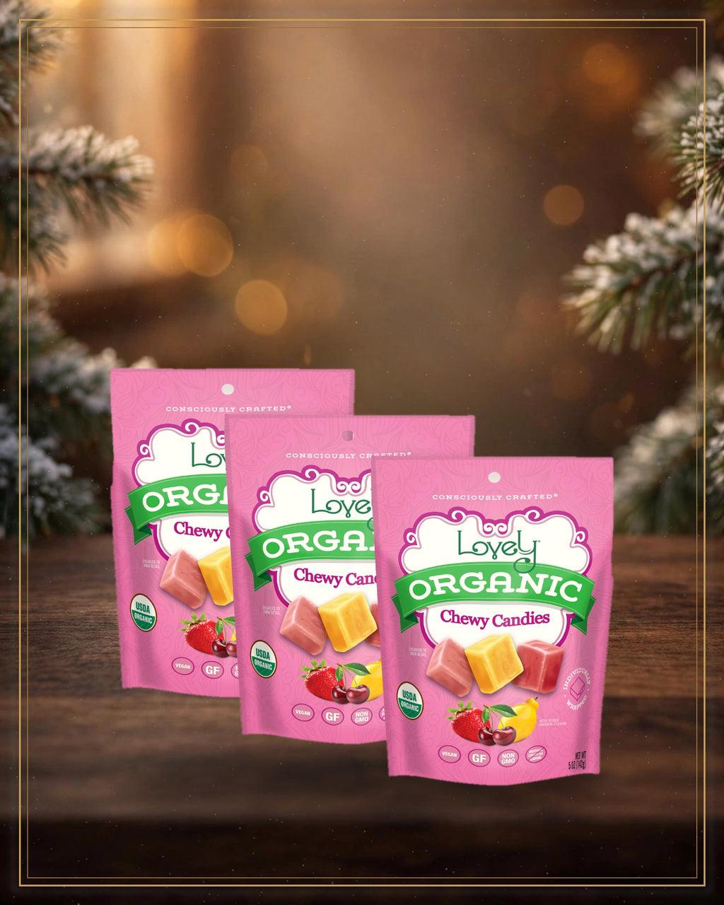 Organic Chewy Candies — 3 Pack, three 5 oz bags on the winter table