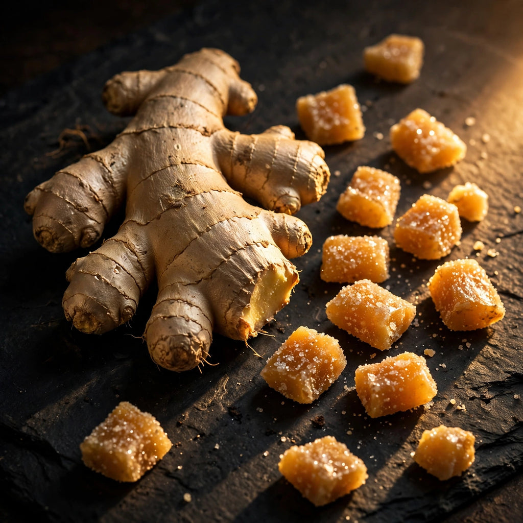 Fresh ginger root and ginger chews on dark slate