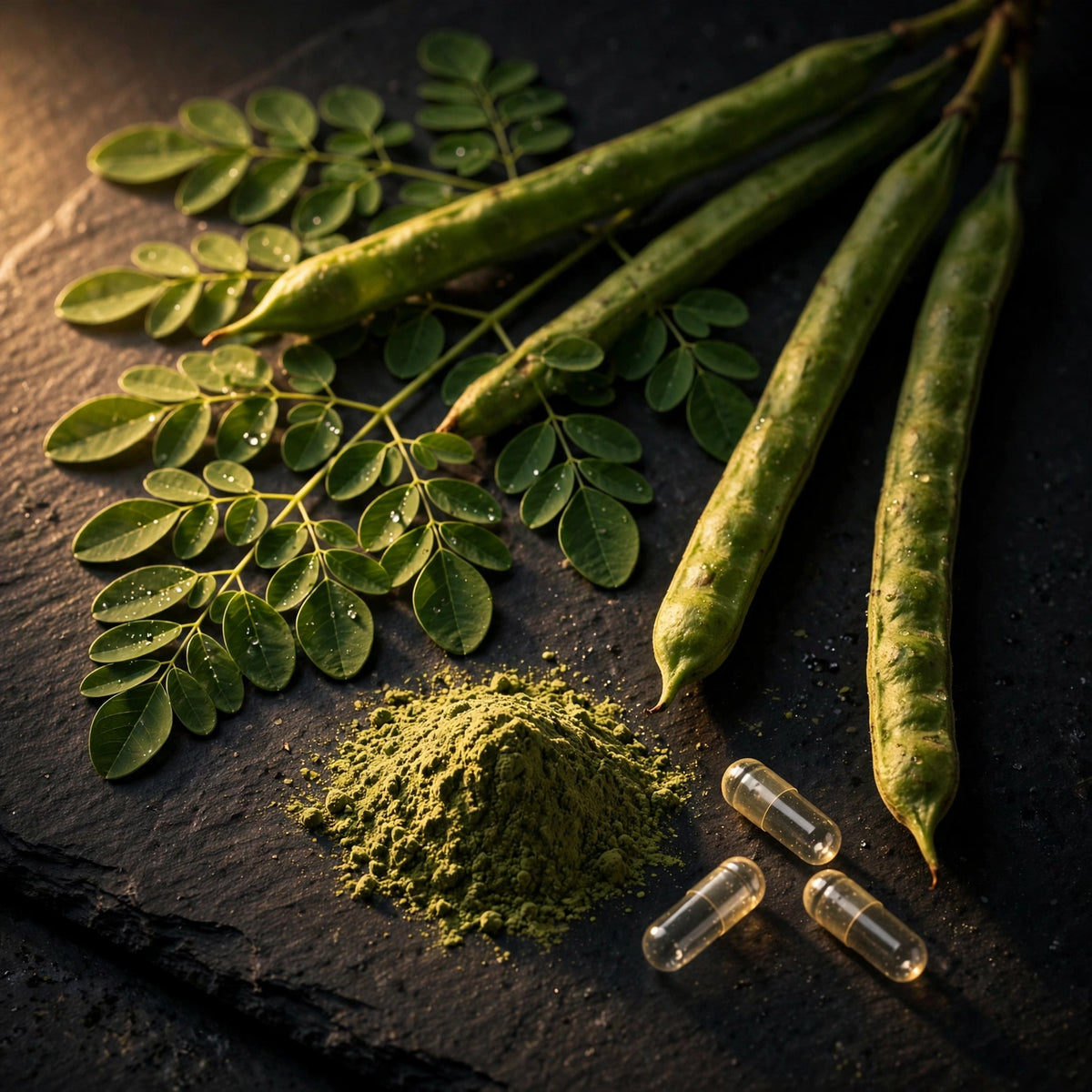 Moringa leaves, pods and powder with capsules on dark slate