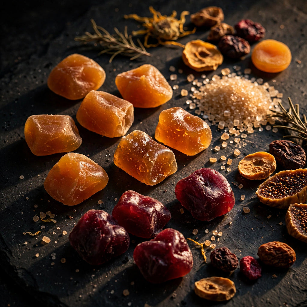 Organic fruit chews with cane sugar on dark slate