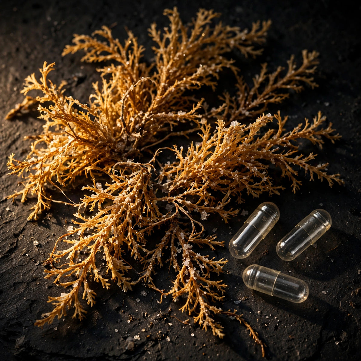 Dried golden sea moss with capsules on dark slate