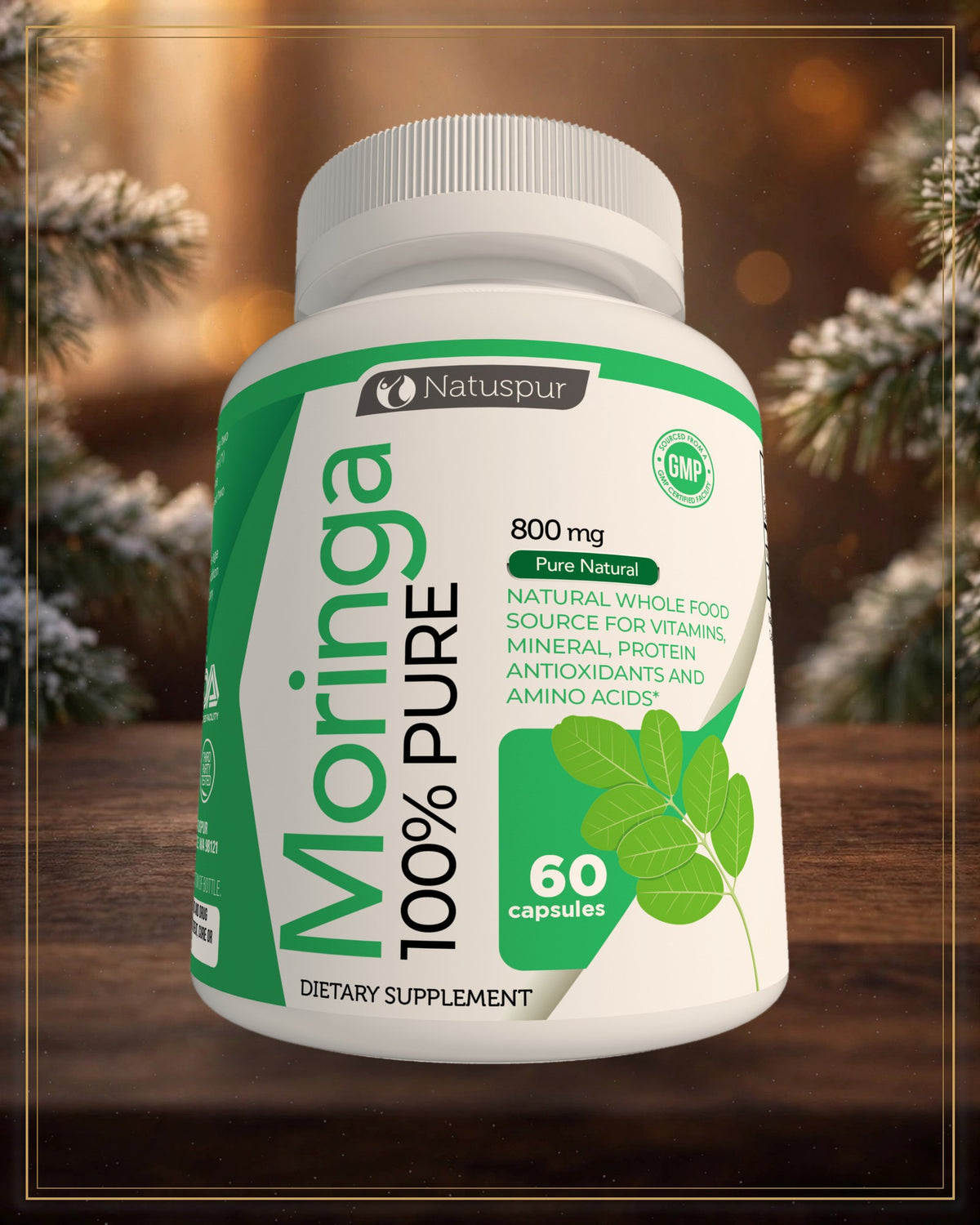 Moringa Capsules — the Natuspur bottle on the warm winter table