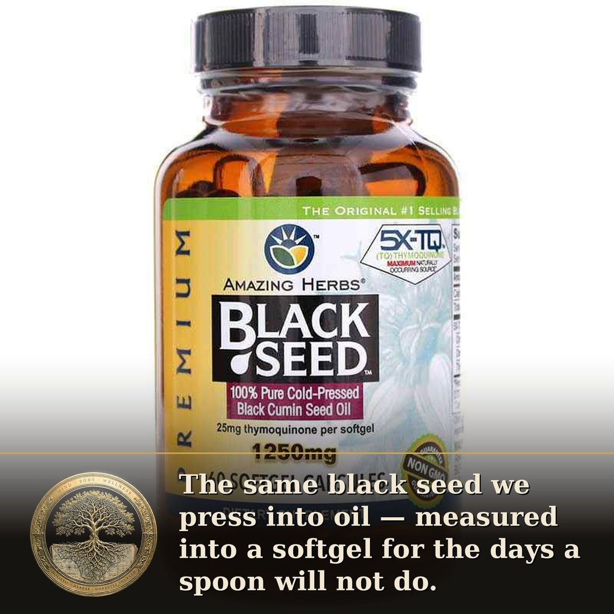 Black Seed Oil Softgels — Cold-Pressed, 60 Softgels — Rooted Goods Co. advertisement