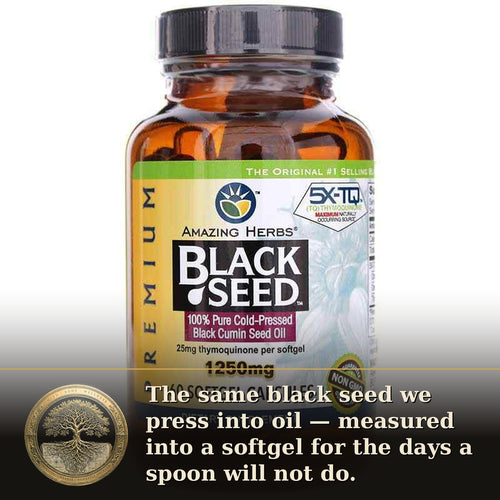 Black Seed Oil Softgels — Cold-Pressed, 60 Softgels — Rooted Goods Co. advertisement
