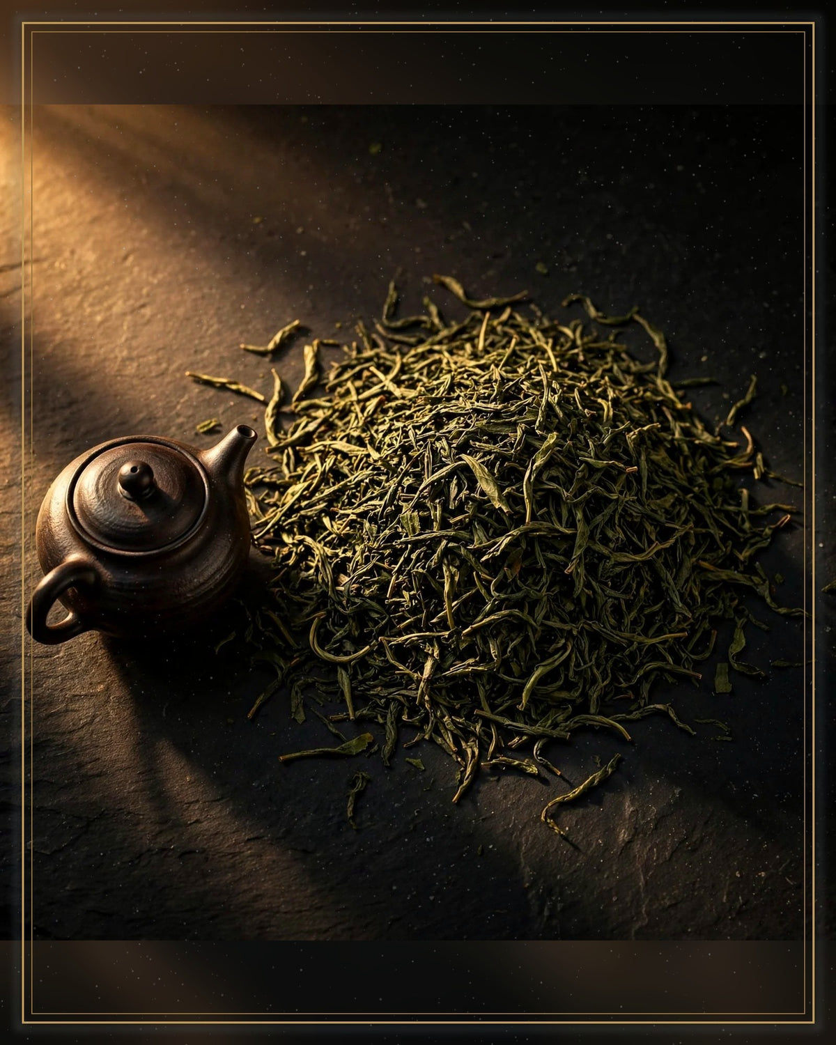 Organic Sencha Green Tea — loose leaves and clay pot, winter frame